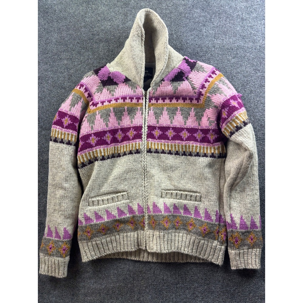 Lost Horizons Zip Cardigan Women Medium Pink Fair Isle Wool Fleece Lined Nepal